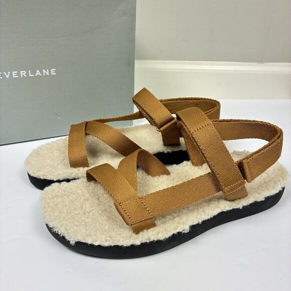 Everlane Woman Sandals Sz 8 Renew Teddy Sporty‎ Lounge Sandal Tan Sherpa NEW - Picture 3 of 9